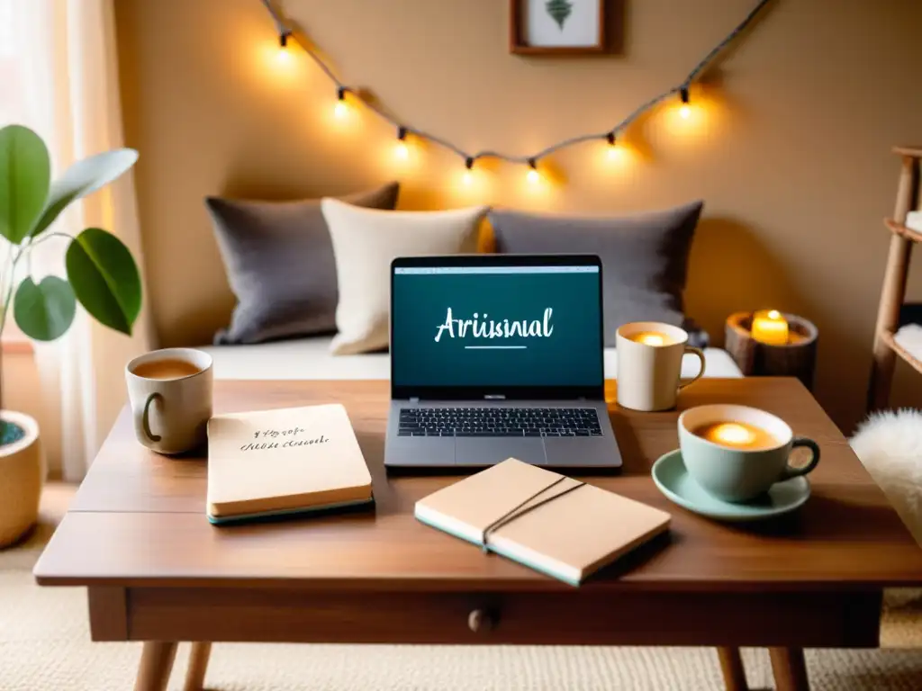 Un acogedor salón vintage iluminado por el sol, con mesa de madera, tazas artesanales y un cuaderno