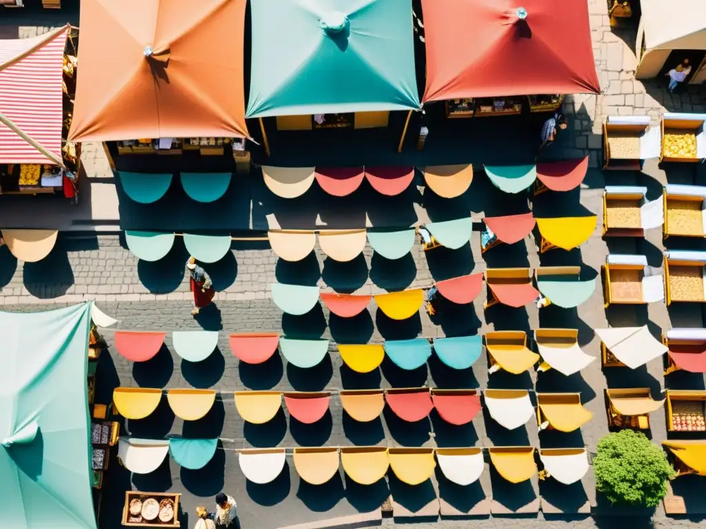 Una fotografía aérea de alta calidad de un bullicioso mercado artesanal, con coloridos puestos y toldos alineando estrechas calles empedradas