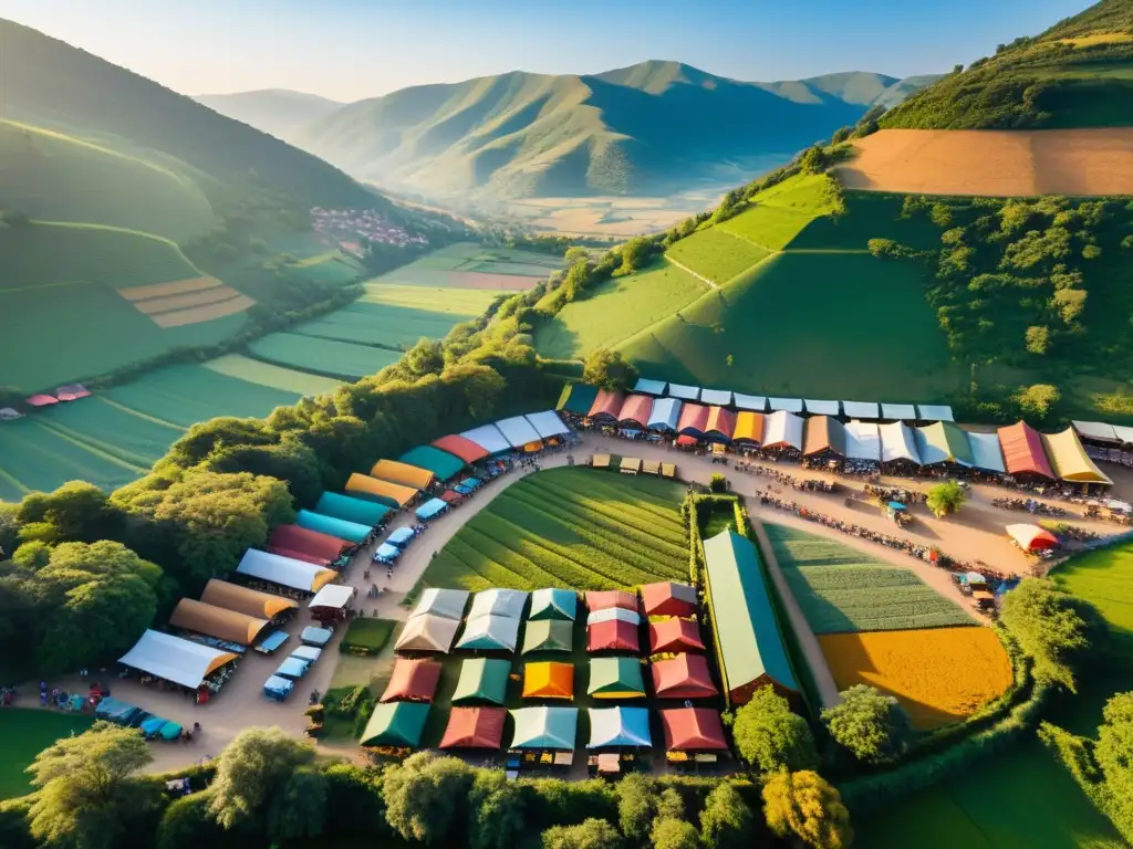 Una fotografía aérea de mercado artesanal rodeado de montañas verdes al atardecer