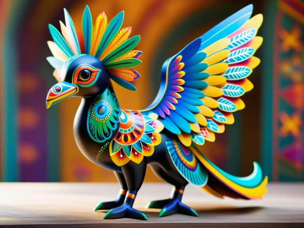 Un alebrije de madera tallada, pintado con colores vibrantes y patrones zapotecas, cobra vida con elementos de realidad aumentada