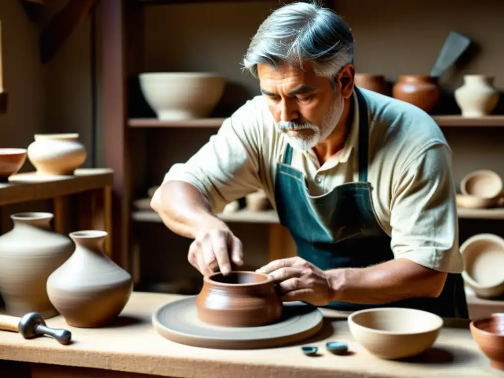 Un alfarero concentrado en su rueda de alfarería, rodeado de herramientas y materiales, resalta la belleza del arte hecho a mano