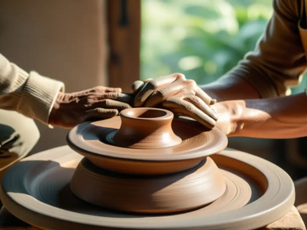 Un alfarero experto moldea arcilla en su estudio soleado, exudando artesanía y técnicas tradicionales de cerámica