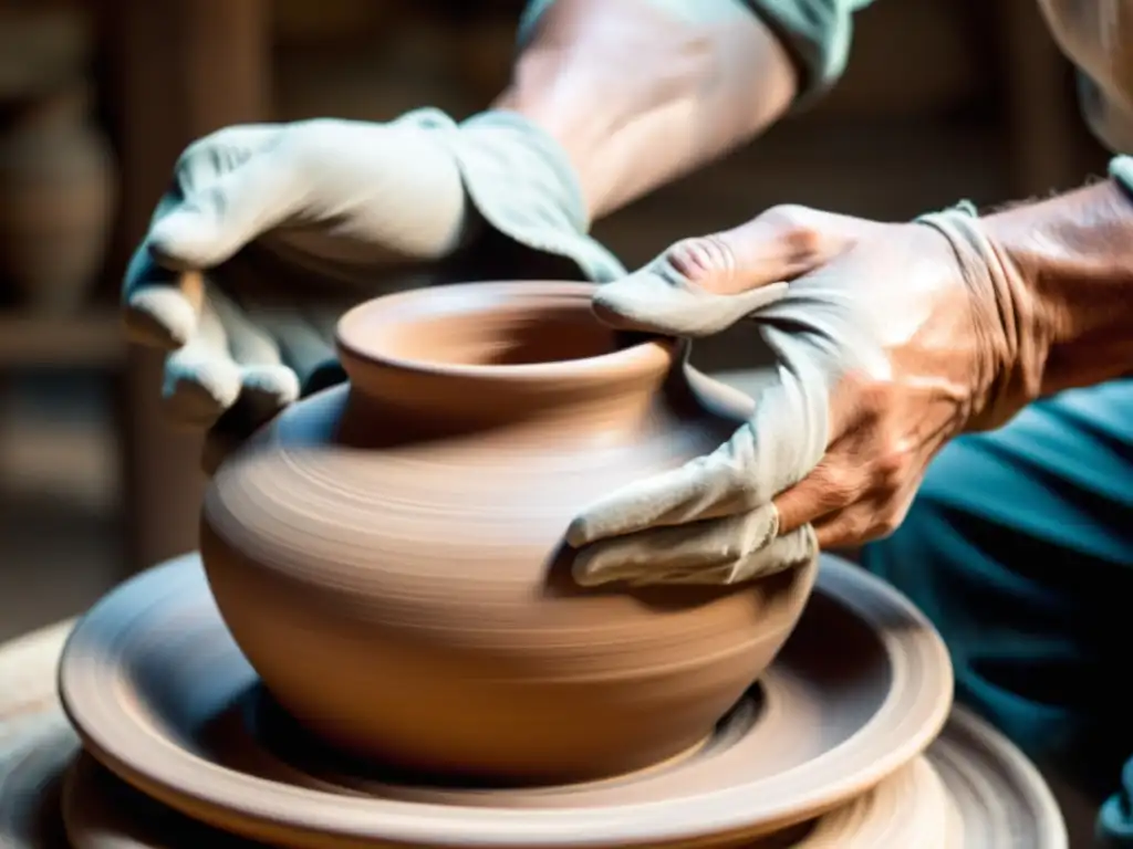 Un alfarero experto modela con destreza una delicada vasija de barro en una rueda de alfarería vintage, evocando nostalgia y artesanía