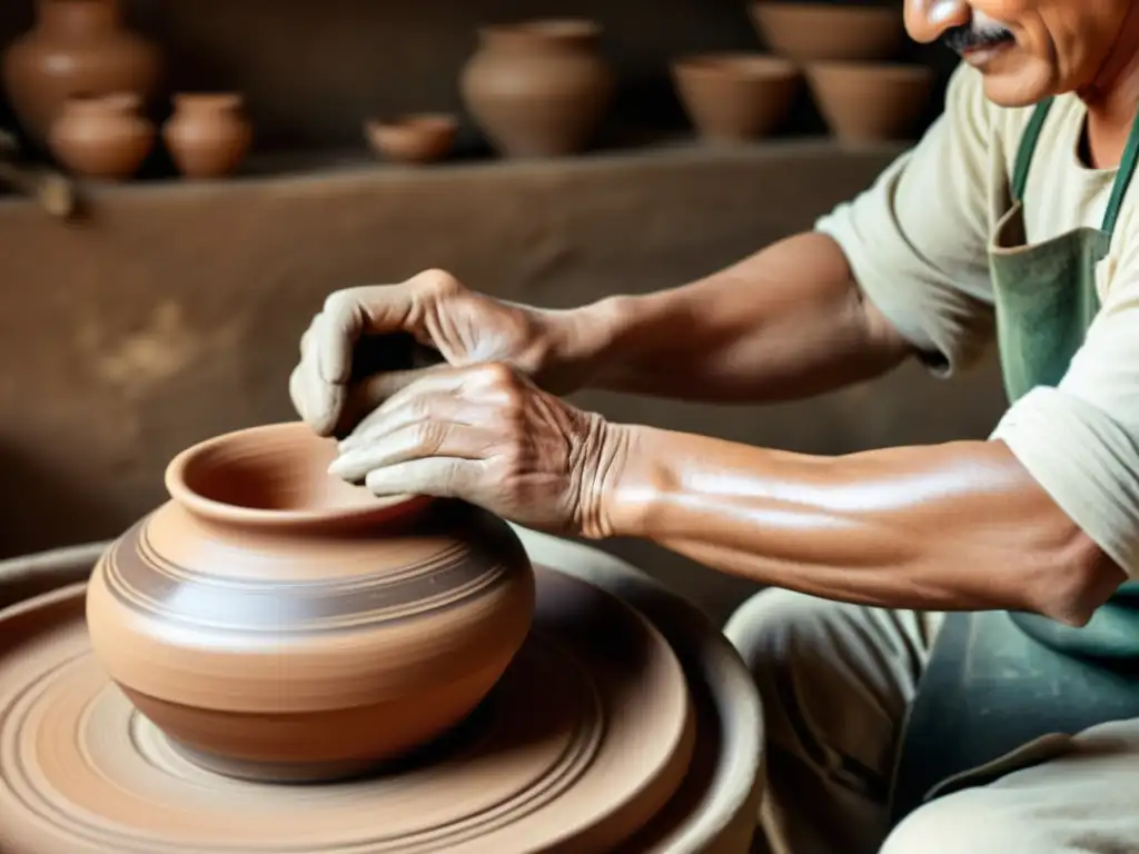 Un alfarero experto da forma a elegantes vasijas de barro en una escena nostálgica, evocando la transformación digital alfarería milenaria