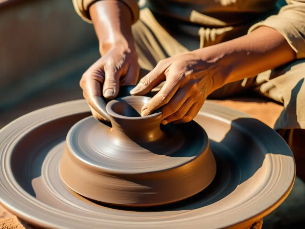 Un alfarero experto da forma a una pieza cerámica en un torno tradicional, revelando la manufactura aditiva en alfarería tradicional