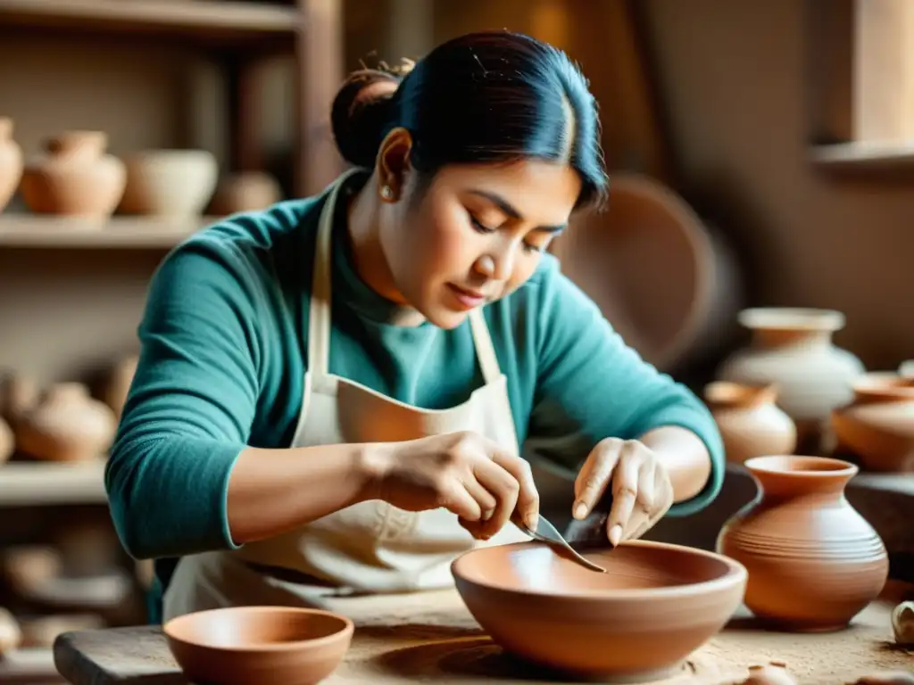 Artesano creando cerámica con maestría en taller cálido Un alfarero experto modela una pieza de cerámica en su taller cálido, rodeado de herramientas tradicionales