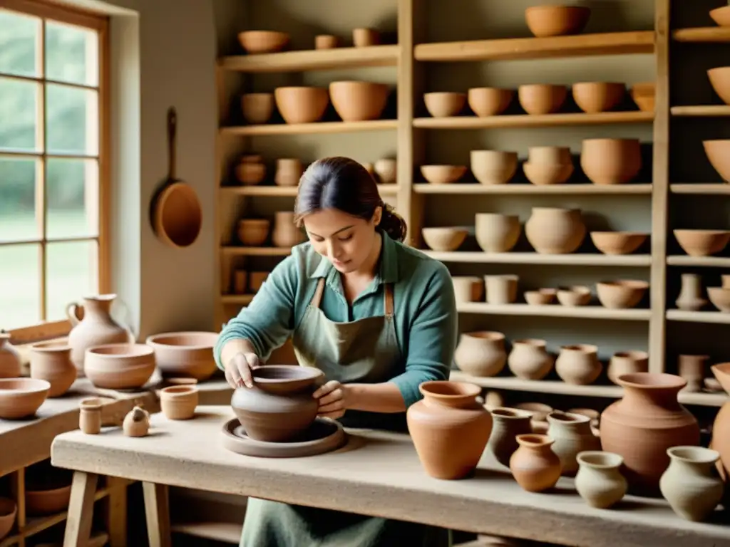 Un alfarero experto moldea una vasija de barro en un taller rústico, evocando tradición y artesanía en la era digital