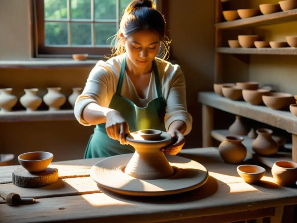 Un alfarero trabaja en su taller con una narrativa visual cerámica artesanía tradicional, moldeando arcilla en una rueda de alfarero vintage