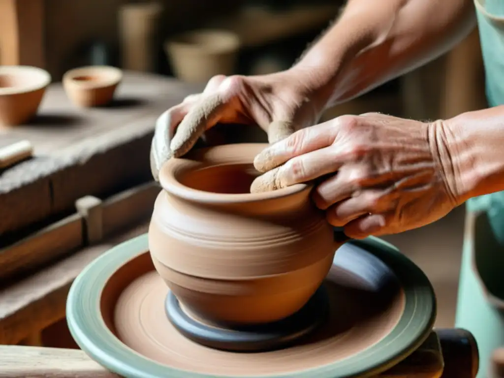 Un alfarero moldea una taza de arcilla en un torno de alfarería vintage rodeado de herramientas, capturando la esencia de la cerámica artesanal