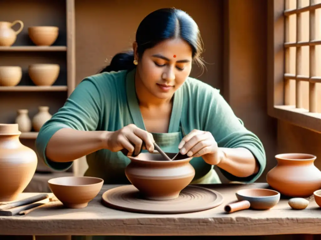 Un alfarero tradicional crea cerámica con habilidad y dedicación, rodeado de herramientas y materiales en tonos cálidos