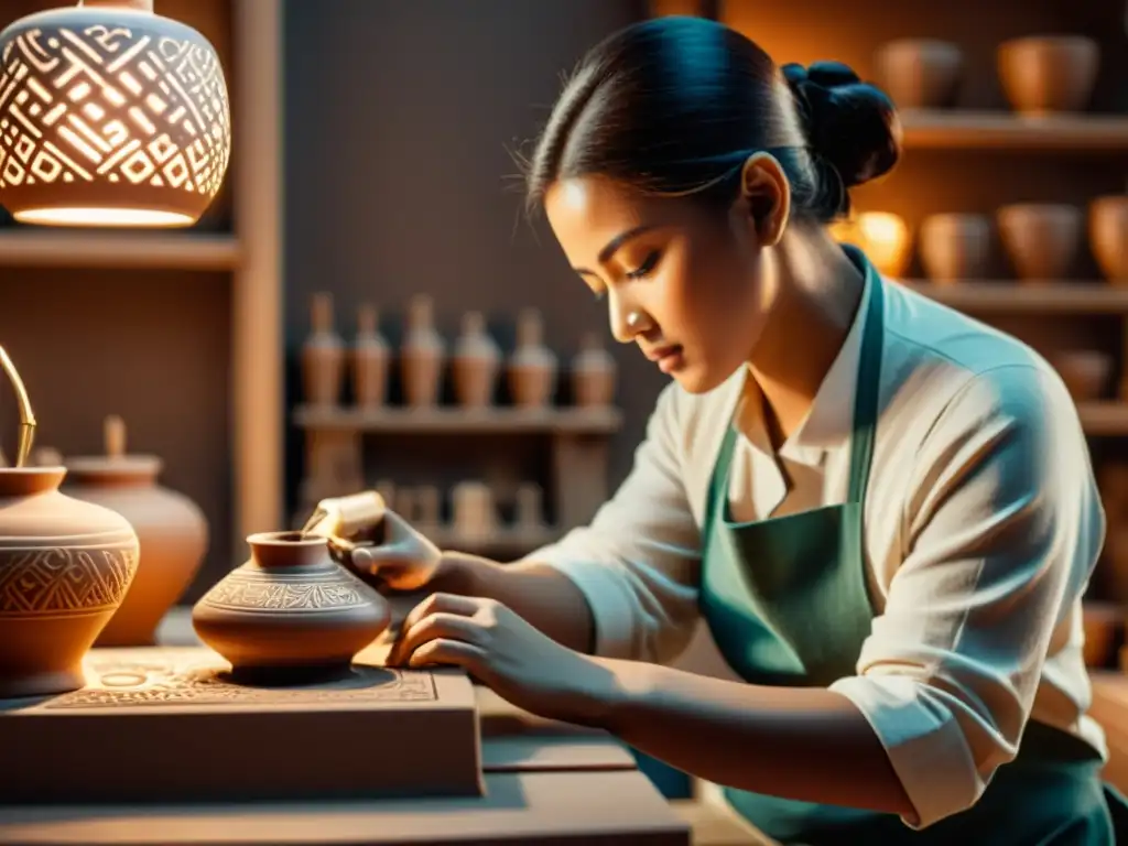 Un alfarero tradicional concentrado en su trabajo, rodeado de tecnología AI moderna