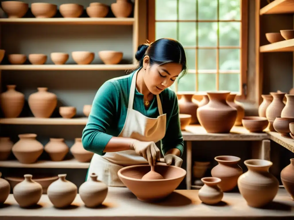 Un alfarero tradicional crea una hermosa pieza de cerámica, con luz natural destacando los detalles