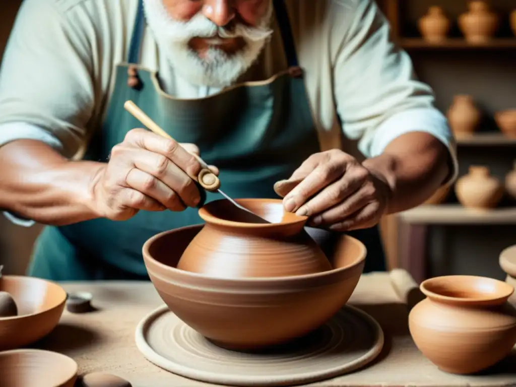 Un alfarero tradicional crea a mano una pieza de cerámica con herramientas detalladas