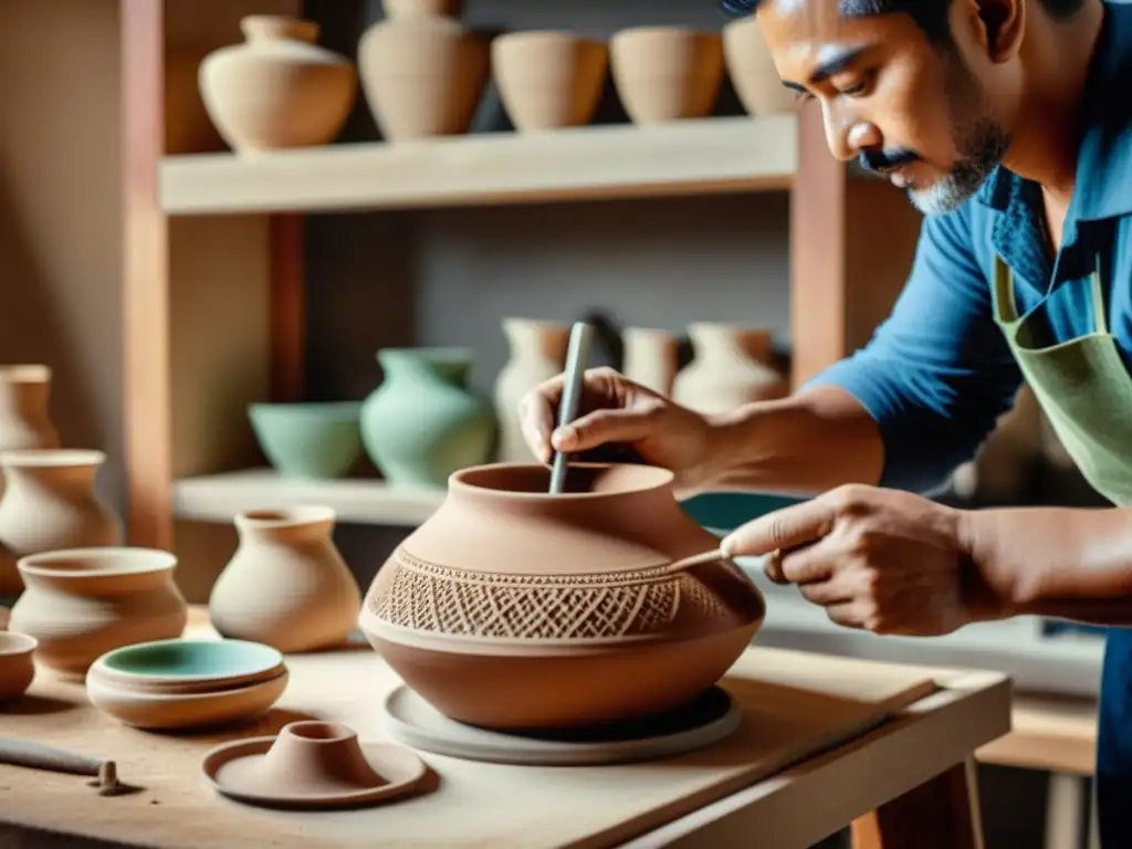 Un alfarero tradicional crea una pieza de cerámica con tecnología digital de fondo, fusionando artesanía tradicional y tecnología digital