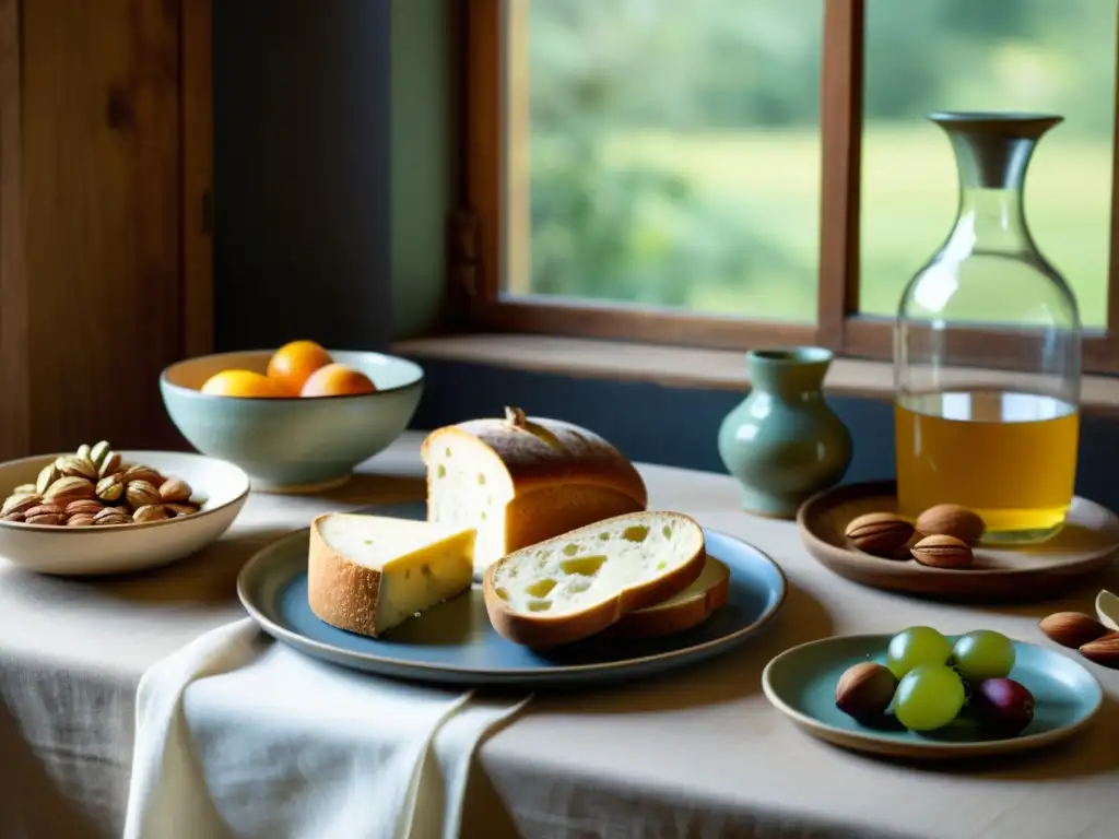 Fotografía de alimentos artesanales digitales en una mesa rústica con pan, queso, frutas y frutos secos, iluminada por luz natural