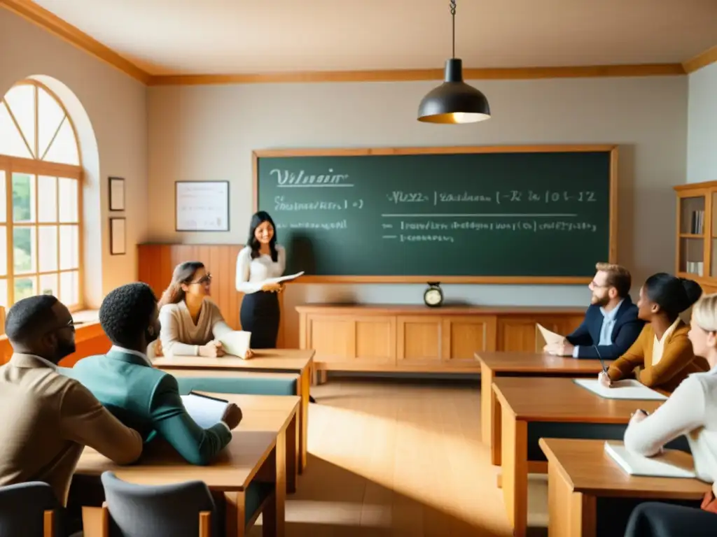 Un ambiente acogedor y bien iluminado con muebles de madera, pizarrón con diagramas y participantes comprometidos en un webinar educativo