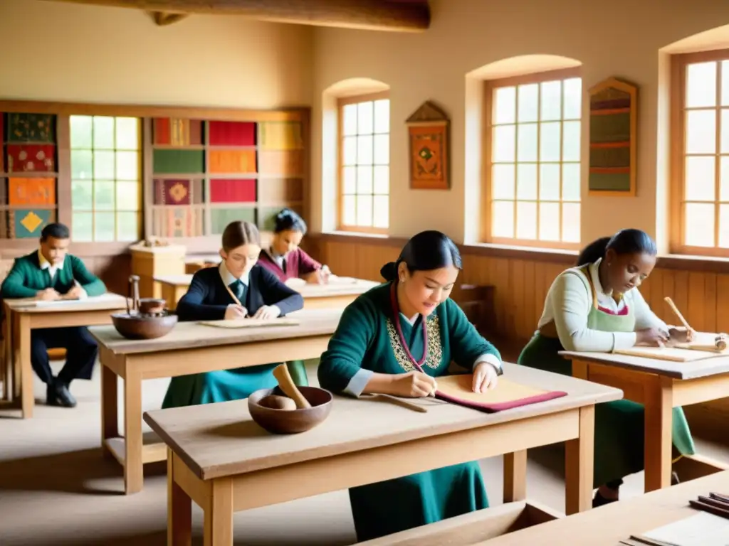 Un ambiente de aula vintage con un hábil artesano enseñando técnicas tradicionales a estudiantes entusiastas