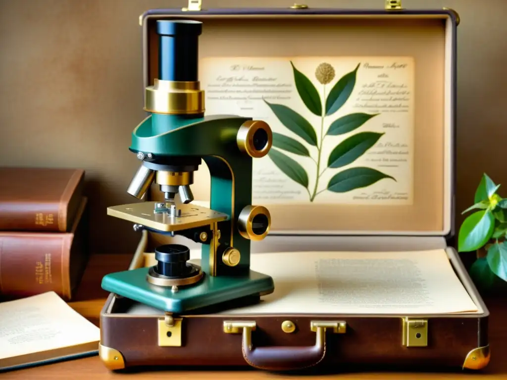 Microscopio vintage con detalles de latón y estuche de cuero Un ambiente nostálgico y académico se crea con un microscopio vintage, diarios científicos y bocetos botánicos