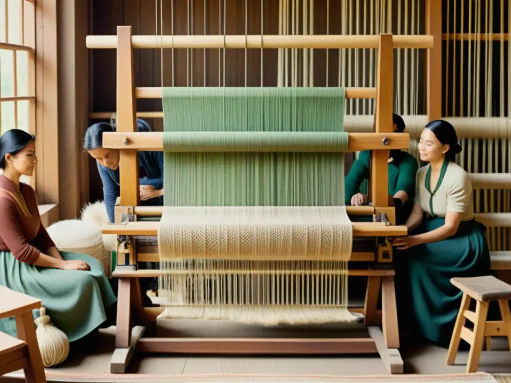 Un ambiente nostálgico y acogedor se respira en esta imagen vintage de personas trabajando juntas en un telar de madera