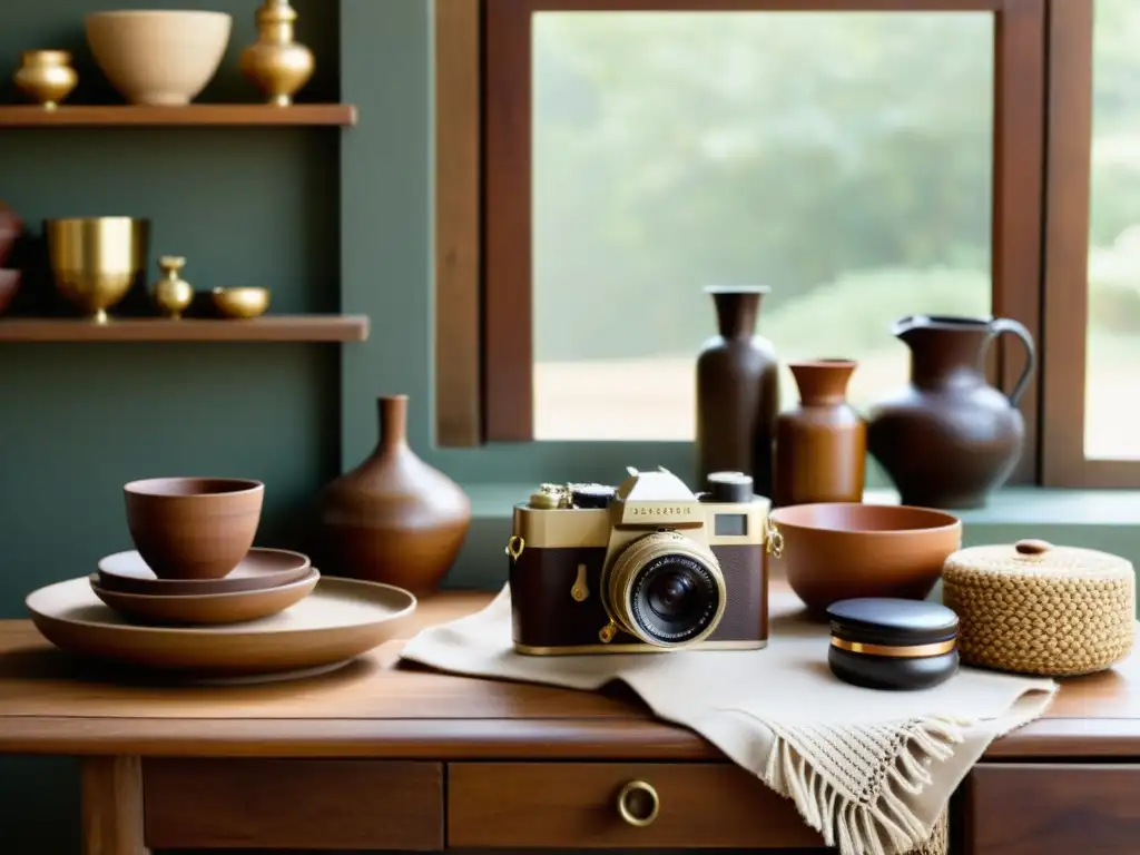 Un ambiente vintage con mesa rústica y artesanías iluminadas por luz natural