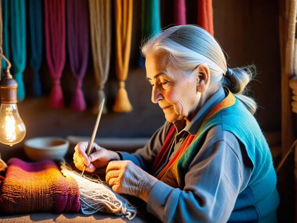 Una anciana artesana entrelaza tradición artesanal narrativa moderna en una habitación cálidamente iluminada por una sola bombilla