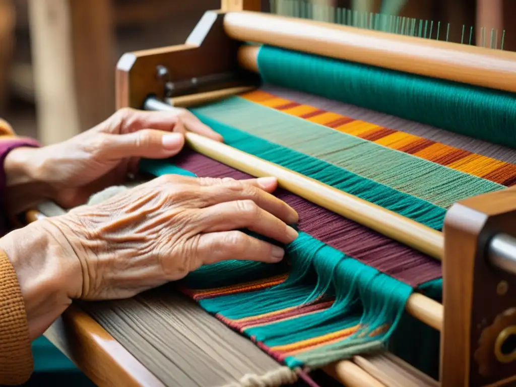 Una anciana artesana teje con habilidad en un telar tradicional, creando una hermosa tela