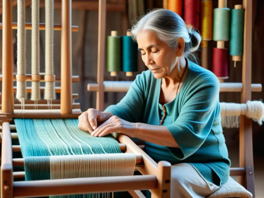 Una anciana artesana teje en un telar de madera, rodeada de hilos vibrantes y patrones textiles