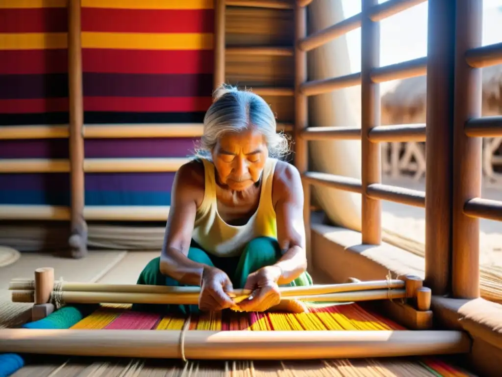 Una anciana artesana teje con maestría en su telar tradicional, en una habitación llena de color y tradición, evocando la era digital y la innovación