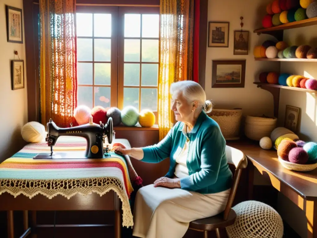 Una anciana tejiendo una intricada historia con coloridos hilos en una habitación cálida y nostálgica