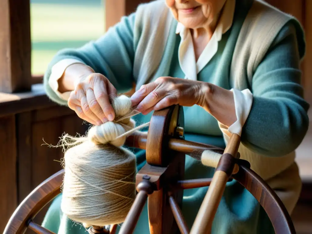 Una anciana hilando lana en una rueca antigua, iluminada por la luz del sol