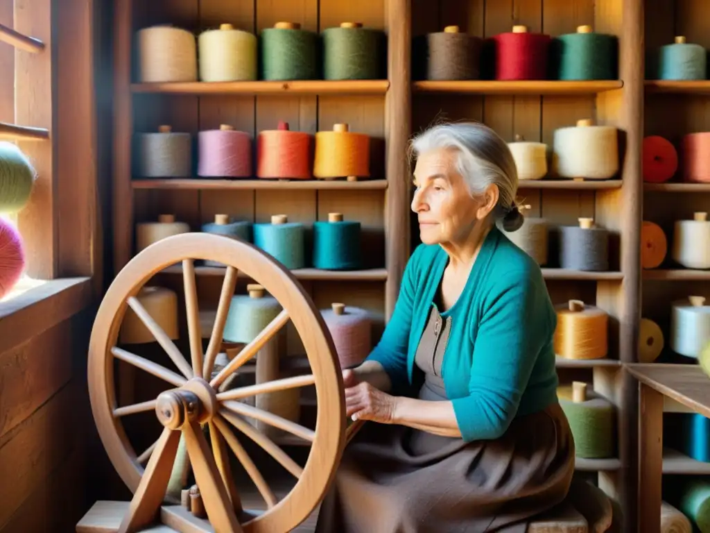 Una anciana hilando lana en una rueca de madera rodeada de estantes con ovillos de colores, concentrada y determinada