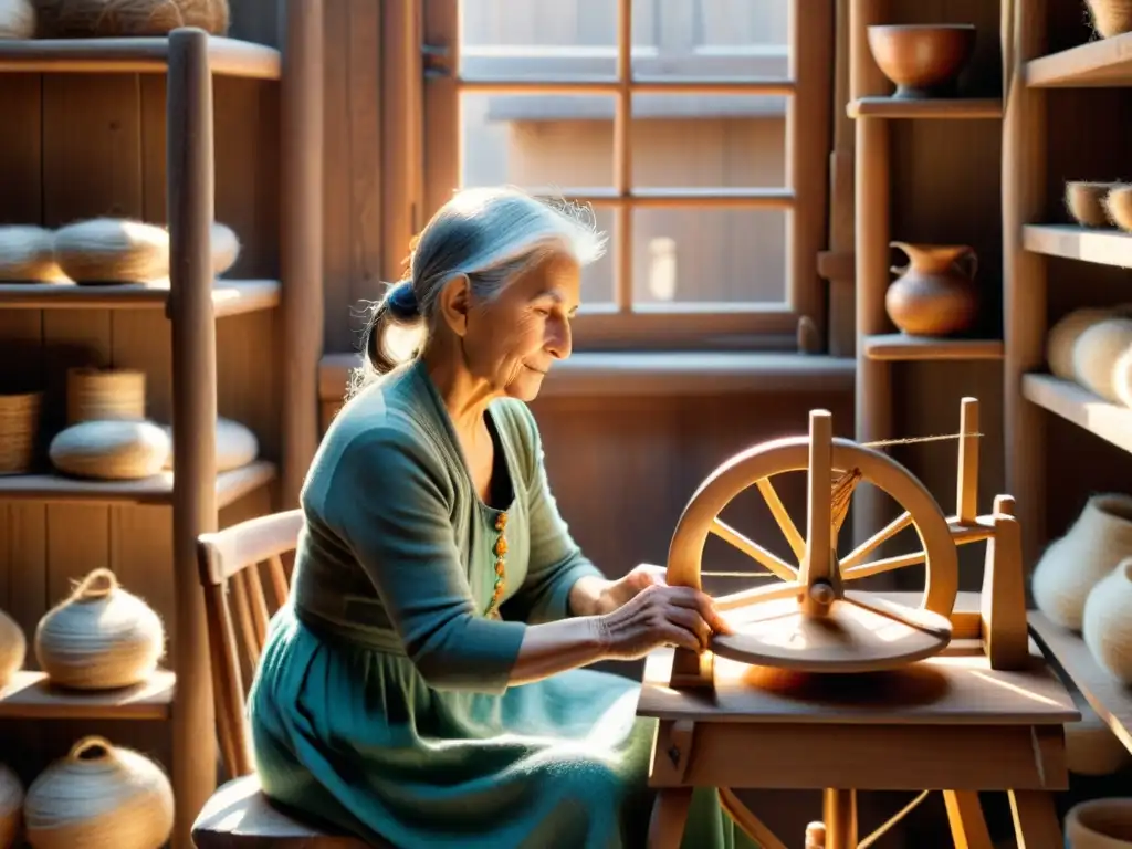 Una anciana hilando en una rueca de madera, preservando técnicas artesanales en digital