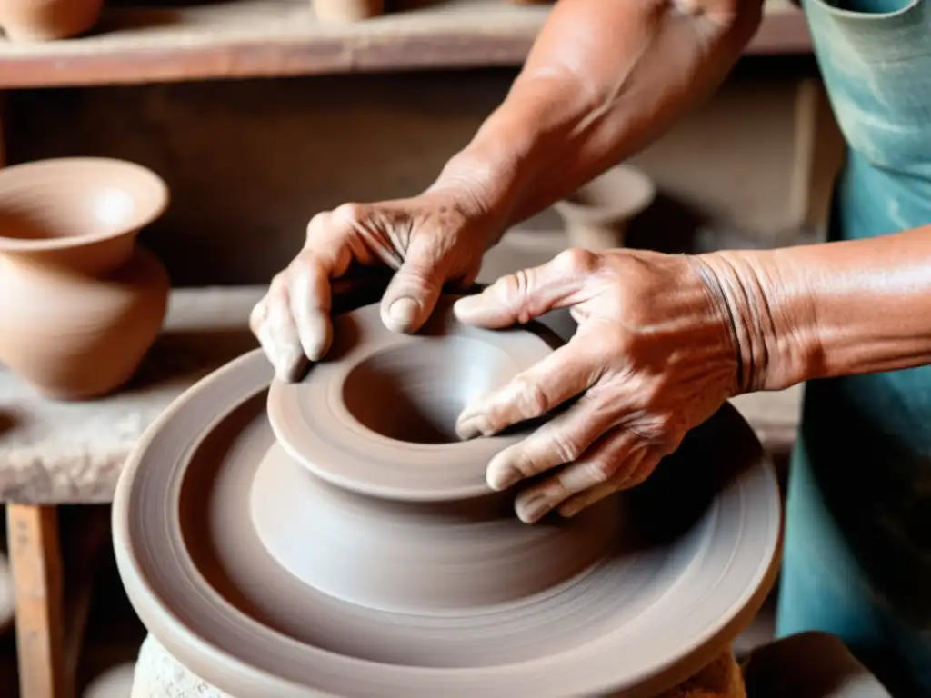 Un anciano alfarero moldea arcilla en su torno, evocando la tradición artesanal