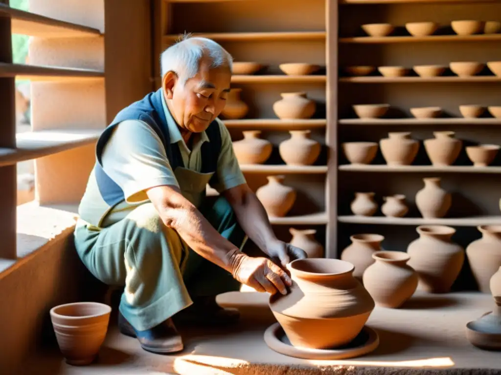 Un anciano alfarero modela con destreza una vasija en su taller tradicional, evocando la belleza eterna de la alfarería artesanal