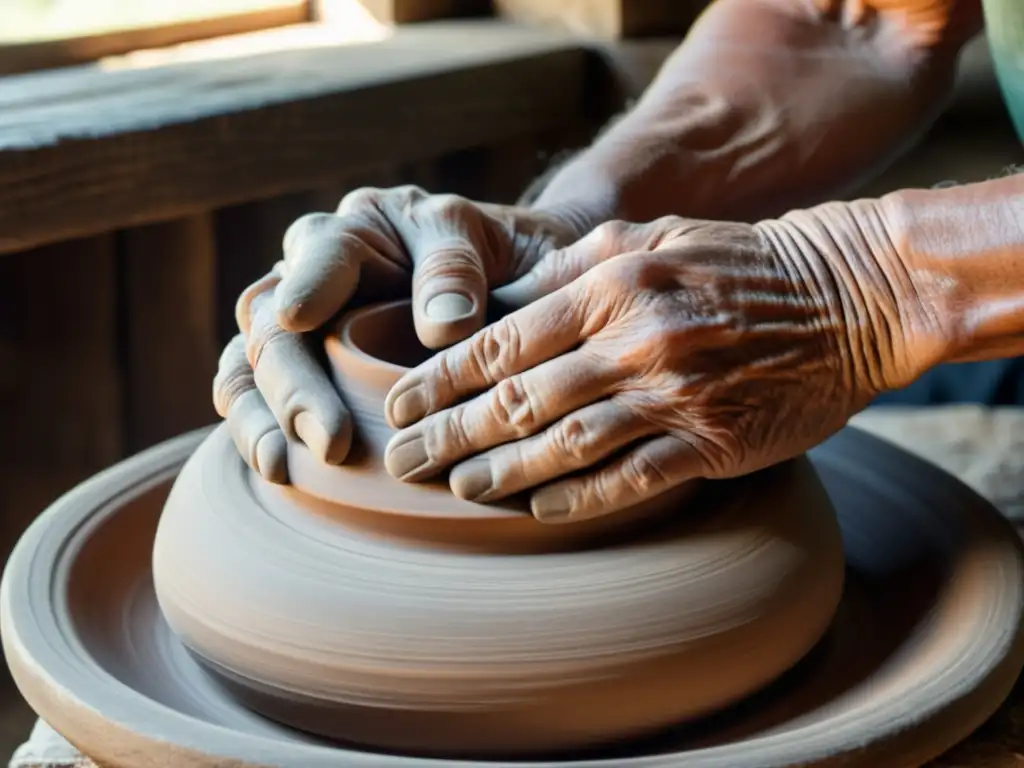 Un anciano artesano moldea arcilla en un torno, destacando la alfarería tradicional en comunidades afectadas