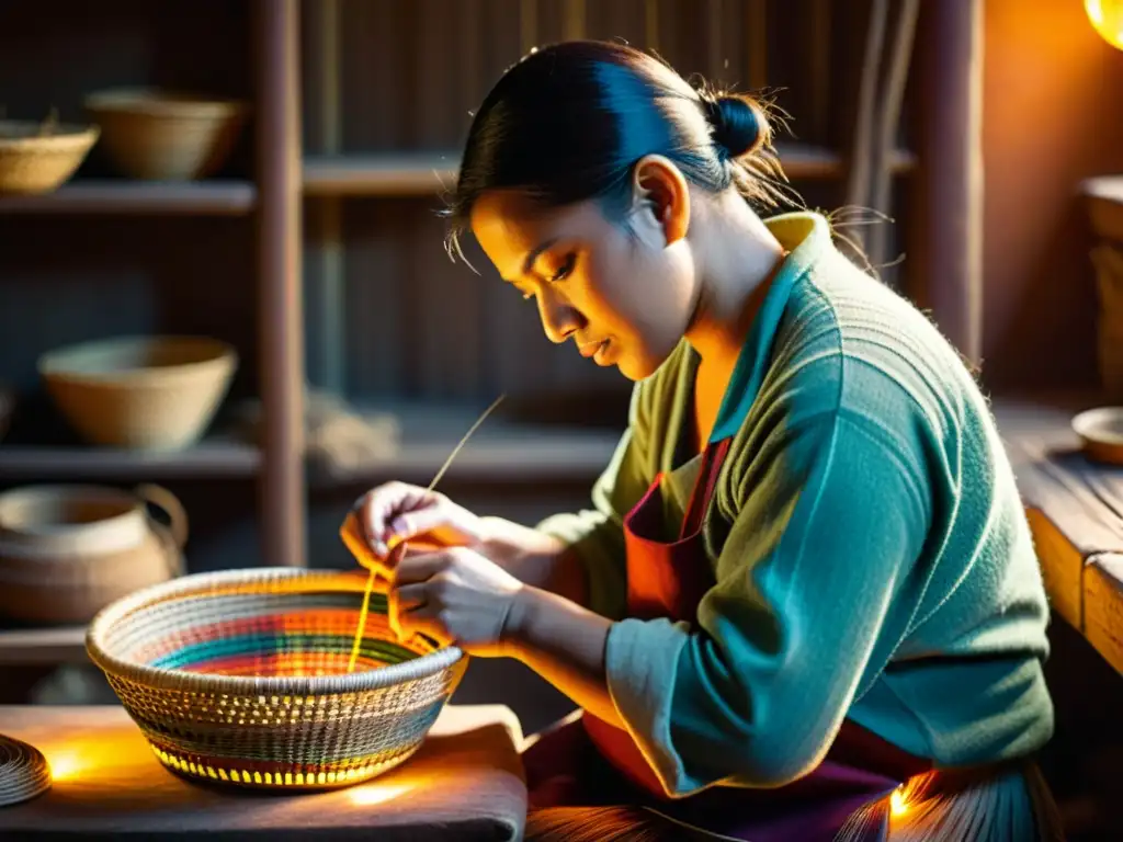 Un anciano artesano teje una cesta en su taller, iluminado por una cálida luz