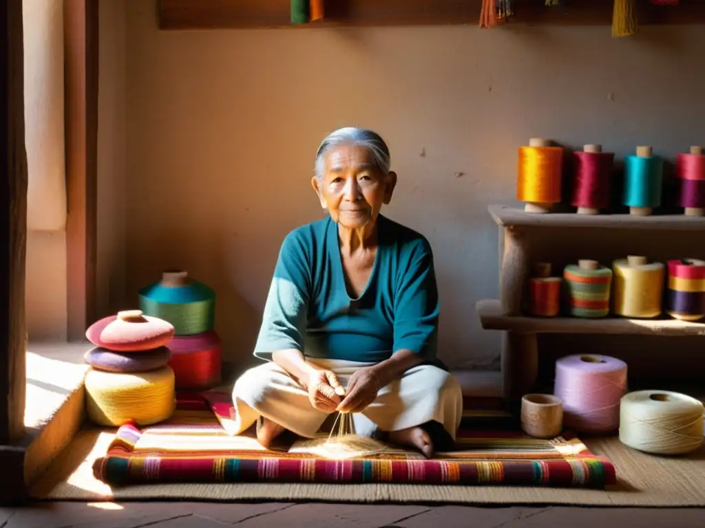 Un anciano artesano teje con cuidado en una habitación iluminada por la luz del sol