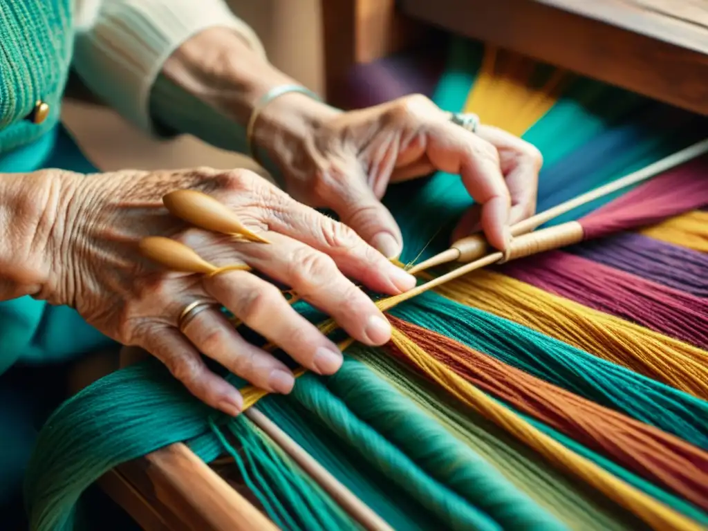 Un anciano artesano teje con cuidado hilos coloridos, creando una vibrante tapestería