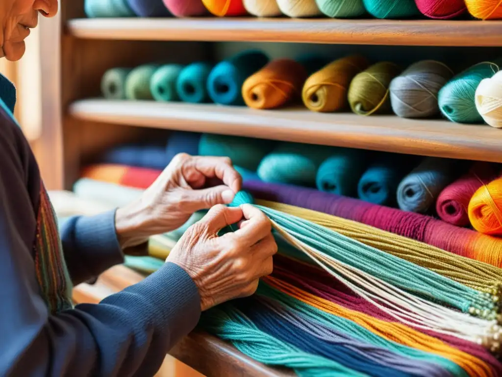 Un anciano artesano teje con cuidado hilos coloridos en un patrón tradicional, rodeado de lana vibrante y textiles acabados