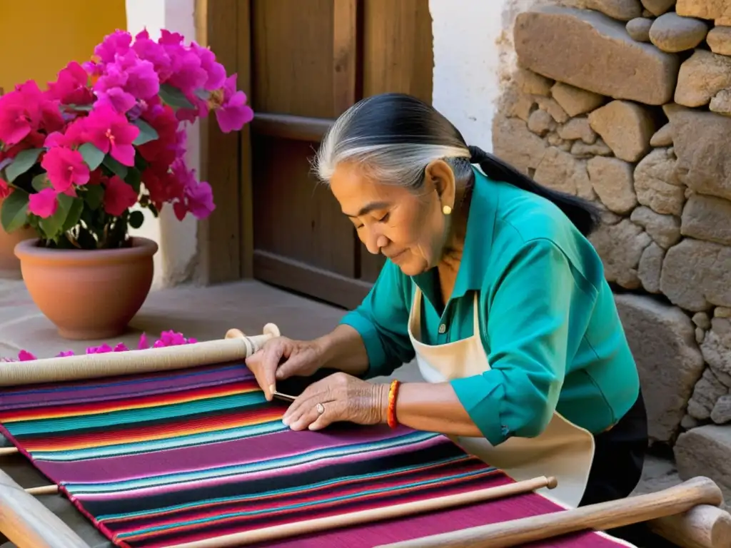 Un anciano artesano teje con cuidado un tapiz tradicional oaxaqueño, rodeado de bougainvillea en flor y muros de piedra