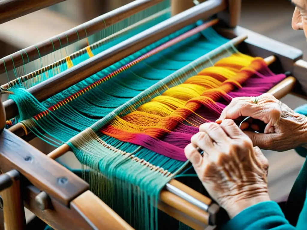 Un anciano artesano teje con destreza hilos coloridos en un telar de madera tradicional, transmitiendo la belleza atemporal de la artesanía