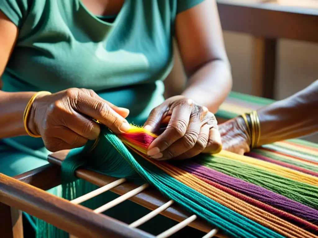 Un anciano artesano teje con destreza hilos de colores, mostrando la narrativa, sostenibilidad y artesanía de su trabajo