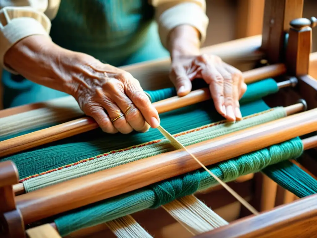 Un anciano artesano teje con destreza hilos vibrantes en un telar de madera, mostrando la tradición y la innovación en la artesanía textil