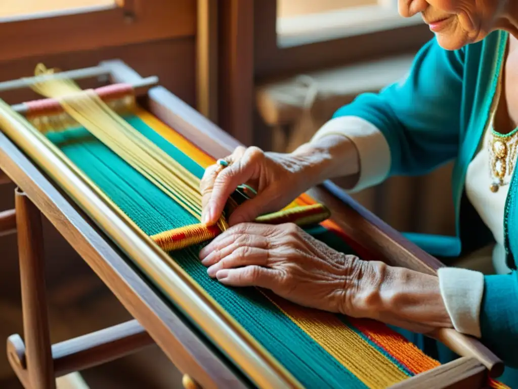 Un anciano artesano teje con destreza hilos vibrantes en un telar de madera, destacando la artesanía tradicional en la era digital