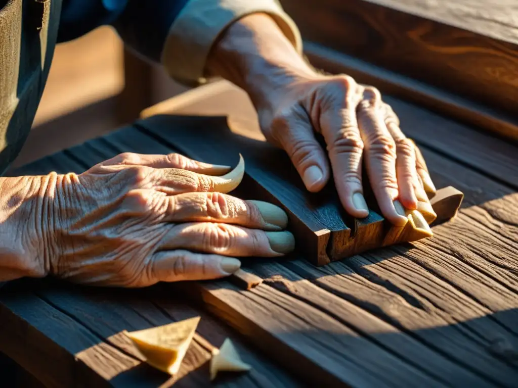 Un anciano artesano talla con esmero en madera oscura, sus manos arrugadas muestran la dedicación al arte