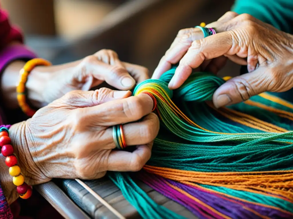 Un anciano artesano teje hábilmente con hilos coloridos, mostrando artesanía tradicional en la era digital