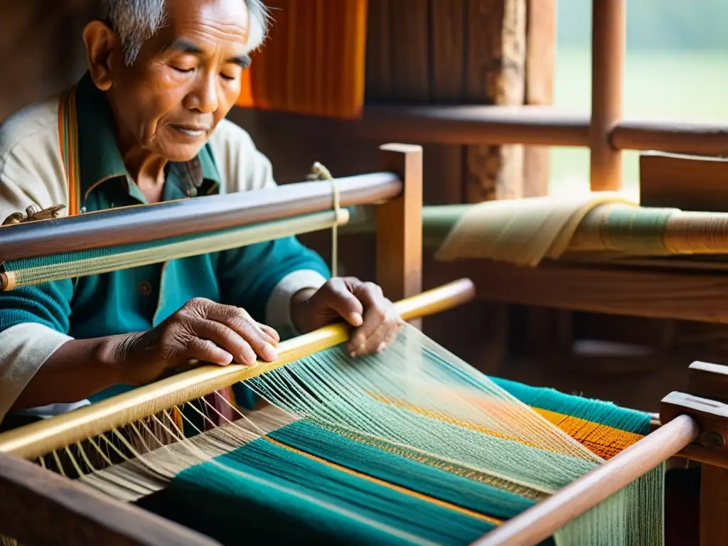 Un anciano artesano teje un patrón vibrante en un telar tradicional, preservando patrones tradicionales en la era digital