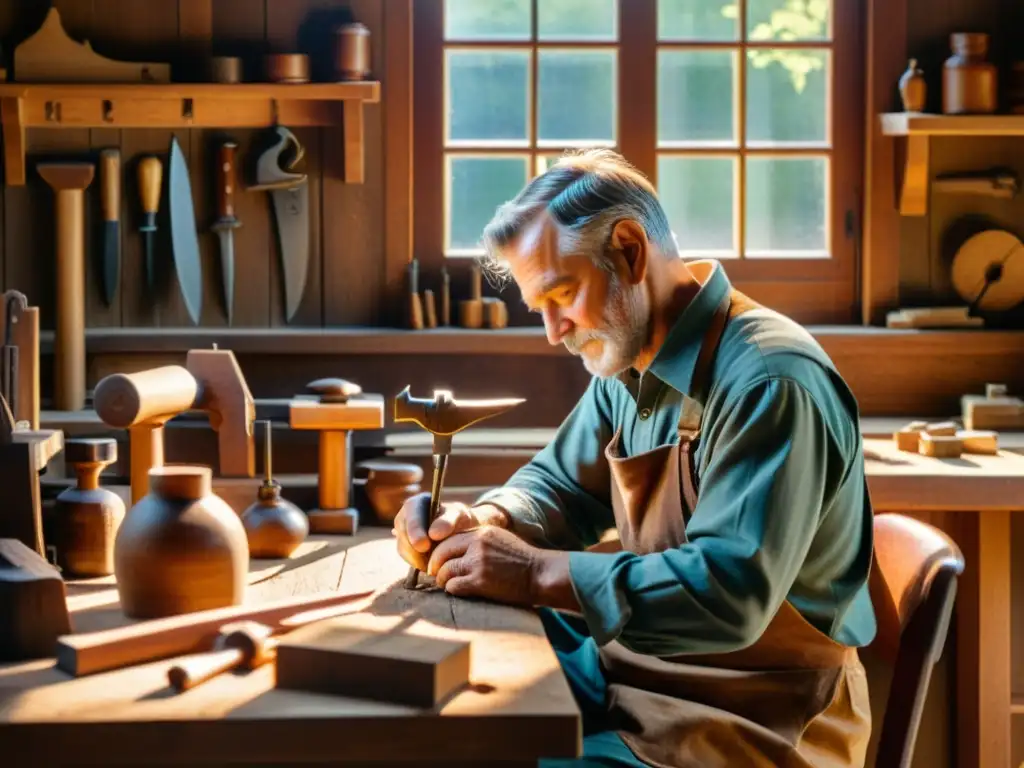 Un anciano artesano talla con dedicación una escultura de madera de una criatura mítica, rodeado de herramientas tradicionales