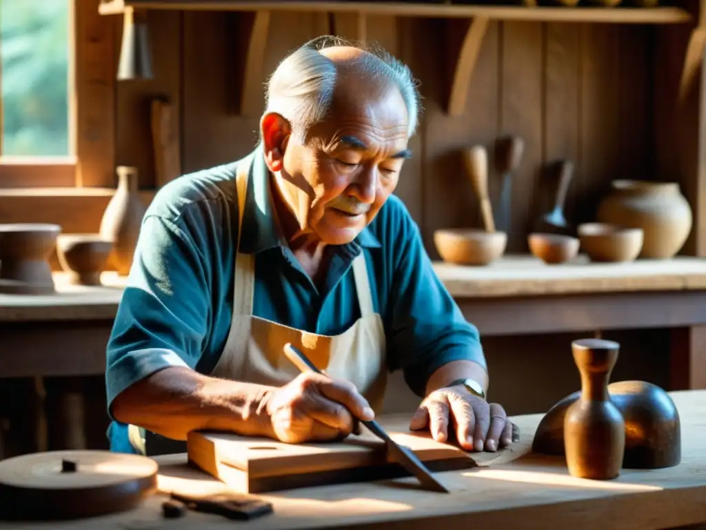 Artesano tallando máscara de madera con dedicación Un anciano artesano talla con dedicación una máscara de madera en su taller rústico, lleno de tradición y cultura