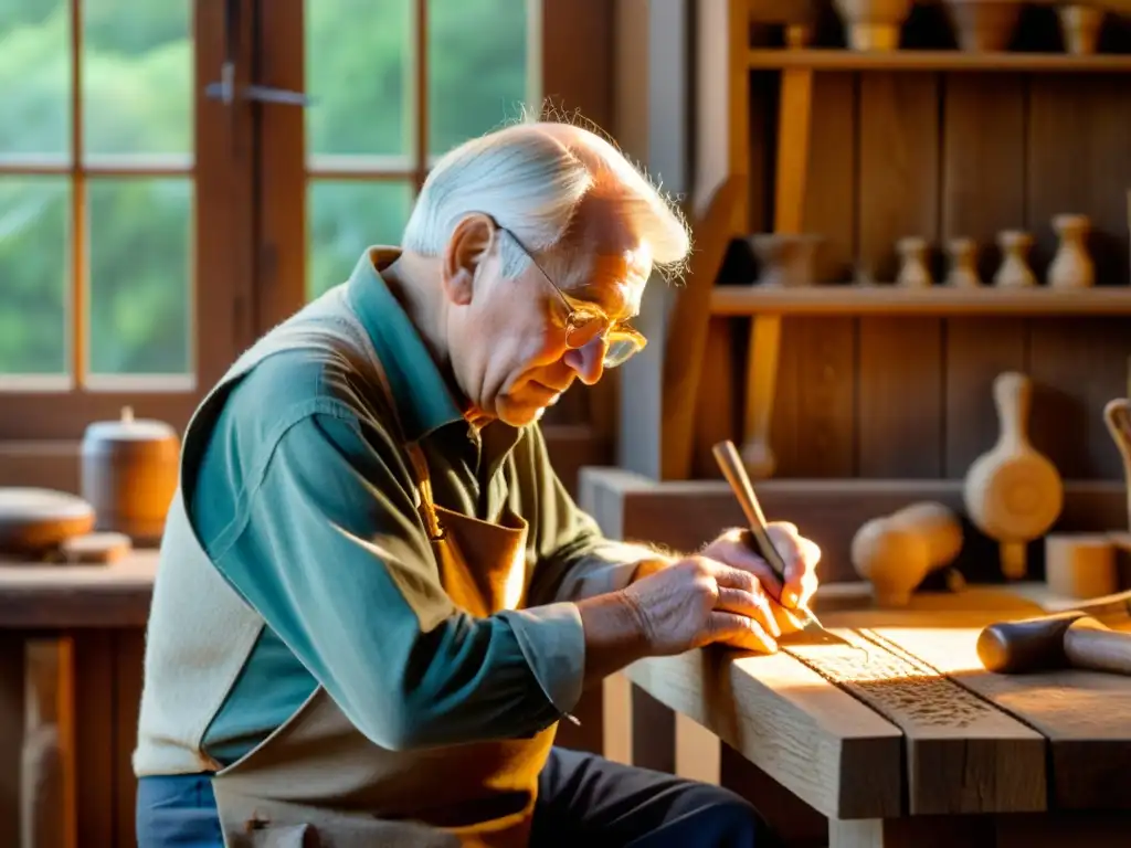 Un anciano artesano talla con dedicación un patrón en roble, iluminado por el cálido atardecer